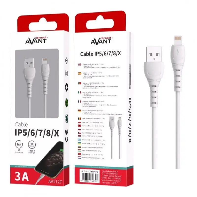 [AV1127] CABLE DE CARGA Y DATOS USB A LIGHTNING 3A 1M  BLANCO AVANT