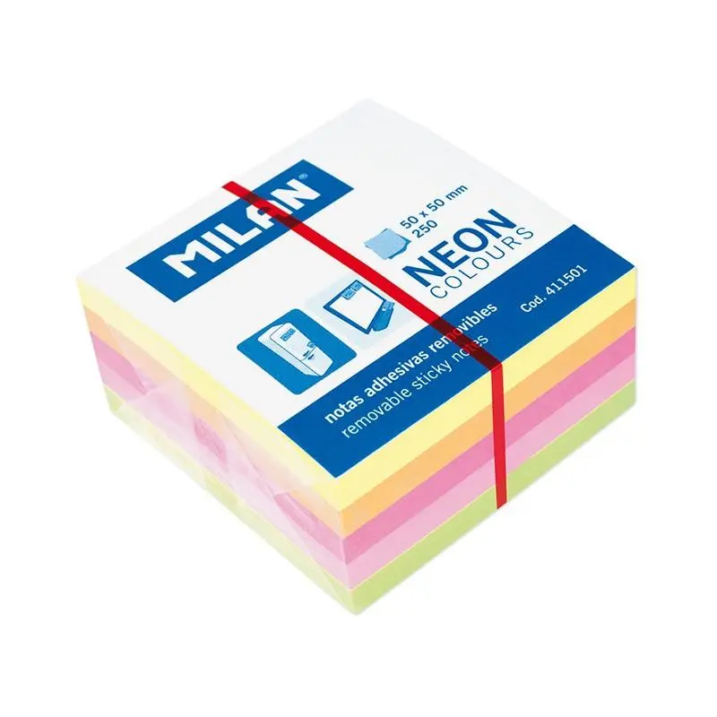 [411501] CUBO DE NOTAS ADHESIVAS 250 HOJAS 50X50 COLORES NEÓN MILAN
