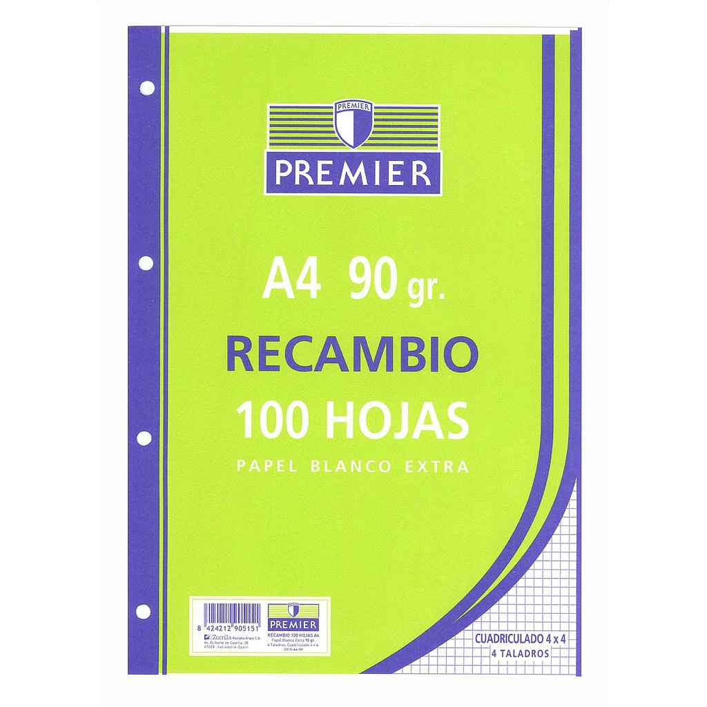 RECAMBIO PREMIER 100H A4 90GR 3X3MM 4 TALADROS PAPEL BLANCO EXTRA - ZORRILLA