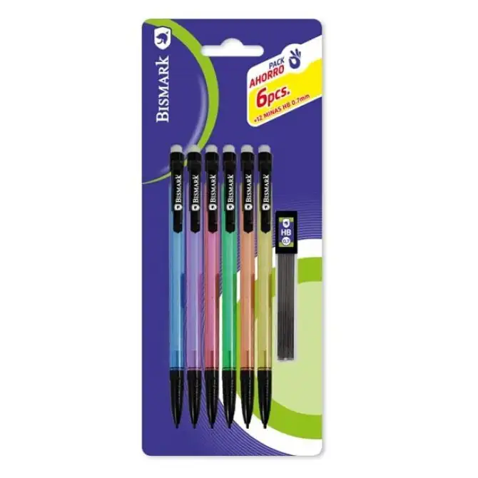 SET 6 PORTAMINAS TRANSPARENTES + CAJA 12 MINAS 0.7 - BISMARK -