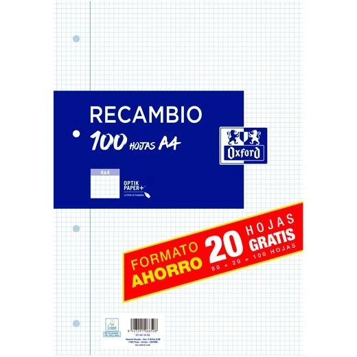 RECAMBIO CLASSIC 80H + 20H GRATIS A4 C/ MARGEN 90GR 4X4MM 4 TALADROS - OXFORD -