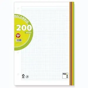 [21190] RECAMBIO 200H A4 90GR 5X5 + GRECA 4 TALADROS 5 BANDAS COLORES - PACSA -