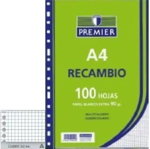 [T515-A4-90] RECAMBIO PREMIER 100H A4 90GR 4X4MM 4 MULTITALADROS PAPEL BLANCO - ZORRILLA