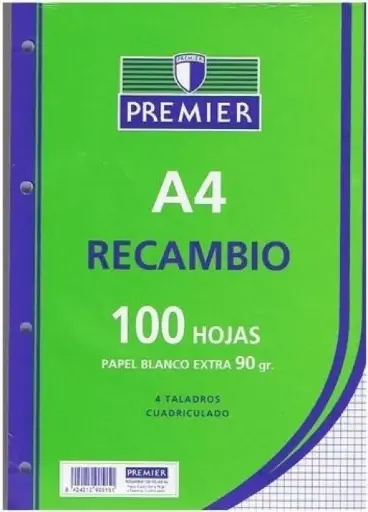 [C515-A4-90] RECAMBIO PREMIER A4, 100 HOJAS, 90GR, 4X4MM, 4 TALADROS, PAPEL BLANCO - ZORRILLA - 
